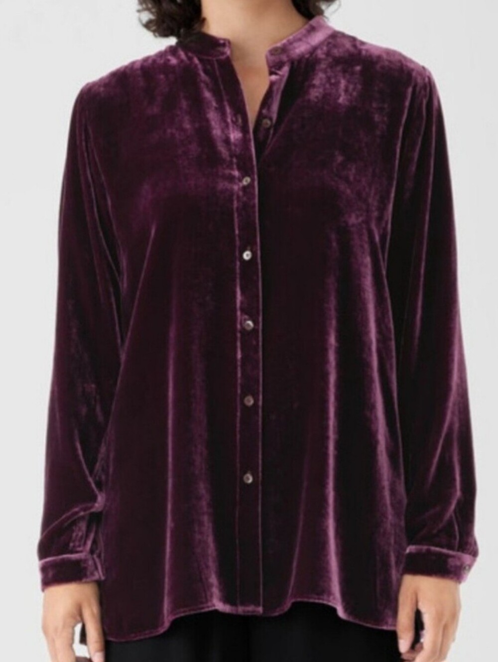 Eileen Fisher Band Collar Velvet Button-Up Shirt Rich Plum Size Medium
